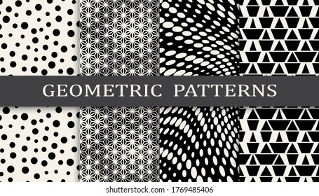 black and white geometric seamless halftone pattern set