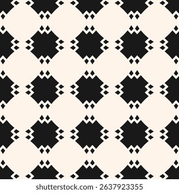 Black and white geometric seamless ornament. Minimal vector abstract pattern with checkered grid, rhombuses, diamonds. Simple monochrome background. Repetitive geo design for print, decor, wallpaper