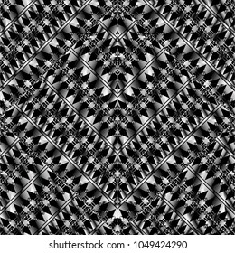  Black and white geometric seamless pattern. Abstract vector grunge lace background with tribal ornaments. Triangles, rhombus, shapes, figures. Modern surface design for fabric, wallpapers, textile