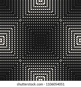 Black and white geometric seamless pattern with halftone square tiles. Vector monochrome background with rhombuses, lines, square grid. Stylish modern dark design for decoration, covers, digital, web