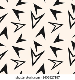 Black and white geometric seamless pattern with chaotic scattered triangles, arrows. Simple abstract monochrome background. Minimalist repeated texture. Design for decor, fabric, print, wallpapers
