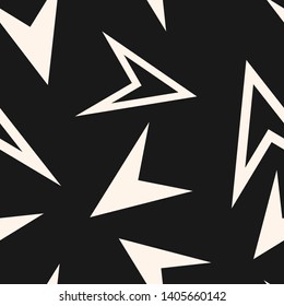 Black and white geometric seamless pattern with chaotic scattered triangles, big arrows. Simple abstract monochrome background texture. Dark repeat design for decoration, textile, fabric, print, cover