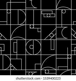 Black and white geometric seamless pattern. An ordered scheme of white circles and lines on a white background. Endless ornament for wallpaper from fabric, tile, paper.