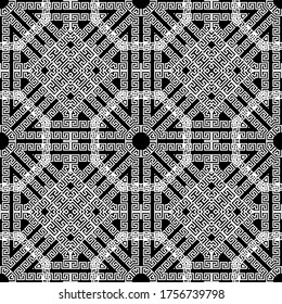 Black and white geometric seamless pattern. Greek ornamental monochrome background. Repeat tribal ethnic backdrop. Geometrical abstract modern ornaments. Greek key meanders, geometry shapes, lines.