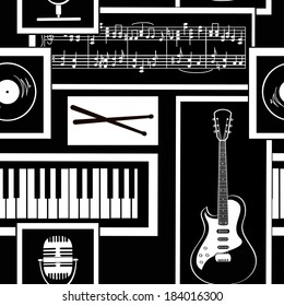 Black and white geometric seamless pattern of musical attributes