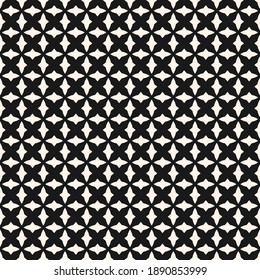 Patrón geométrico sin soldadura en blanco y negro con pequeñas formas curvadas, diamantes, cruces, malla, entramado. Sencilla textura de fondo monocromática. Diseño repetido para decoración, impresión, tela, papel pintado