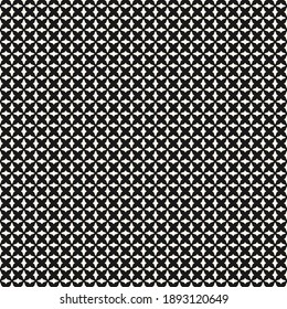Black and white geometric seamless pattern with small curved shapes, diamonds, crosses, grid, mesh, net, repeat tiles. Simple monochrome background texture. Repeated design for decor, print, fabric