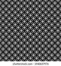 Black And White Geometric Seamless Pattern. Outline Circle Elements. Endless Texture. With Many Round Shapes. Abstract Vector Illustration in Zen Art Style. Dark Background.