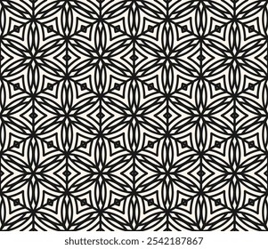 Black and white geometric seamless pattern with floral silhouettes, leaves, stars, hexagonal grid, curved lines. Monochrome abstract texture. Vector ornamental background. Modern repeated geo design