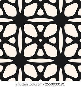 Padrão contínuo geométrico preto e branco. Ornamento floral vetorial simples. Textura de fundo abstrata com silhuetas de flores arrojadas, folhas, treliça, formas arredondadas, azulejos, grade. Projeto geográfico repetitivo