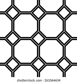 Black and white geometric seamless pattern with line, square and octagon. Abstract background. Vector seamless pattern.
