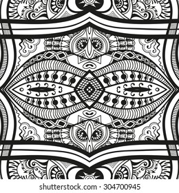 Black and white geometric seamless pattern, abstract background with hand drawn repeating texture. Tribal ethnic arabic indian ornament
