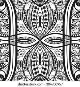 Black and white geometric seamless pattern, abstract background with hand drawn repeating texture. Tribal ethnic arabic indian ornament