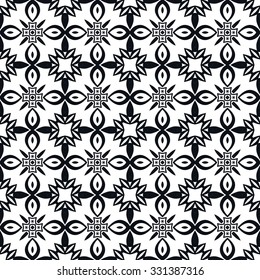 Black and white geometric seamless pattern, graphic repeating texture for print on fabric or paper, tribal ethnic ornament. Vector illustration