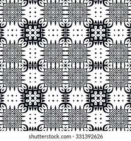 Black and white geometric seamless pattern, graphic repeating texture for print on fabric or paper, tribal ethnic ornament. Vector illustration