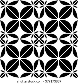 black and white geometric seamless pattern with round and petals shapes
