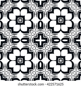 Black and white geometric seamless pattern, monochrome sketch background. Tribal ethnic ornament, decorative doodle pattern with repeating endless texture, vector illustration