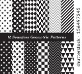 Black and White Geometric Seamless Patterns. Modern Backgrounds in Chevron, Polka Dot, Diamond, Checkerboard, Stars, Triangles, Herringbone and Stripes Patterns. Pattern Swatches with Global Colors.