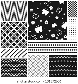 Black and white geometric seamless patterns set (vector version)