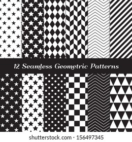 Black and White Geometric Seamless Patterns. Modern Backgrounds in Chevron, Polka Dot, Diamond, Checkerboard, Stars, Triangles, Herringbone and Stripes Patterns. Pattern Swatches with Global Colors.