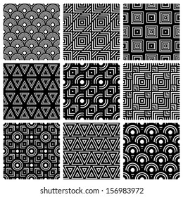 Black and white geometric seamless patterns set, vector backgrounds collection