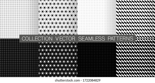 Black and White Geometric Seamless Patterns backgrounds. Modern Backgrounds in Chevron, Polka Dot, Diamond, Checkerboard, Stars, Triangles, Herringbone and Stripes Patterns. Vector illustration.