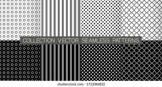 Black and White Geometric Seamless Patterns backgrounds. Modern Backgrounds in Chevron, Polka Dot, Diamond, Checkerboard, Stars, Triangles, Herringbone and Stripes Patterns. Vector illustration.