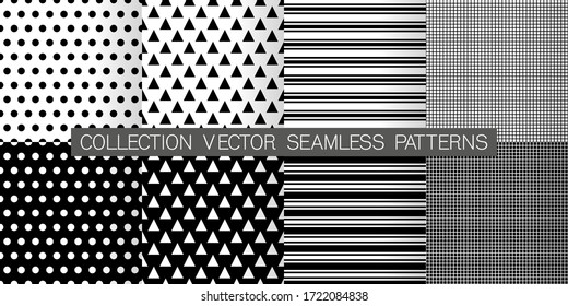 Black and White Geometric Seamless Patterns backgrounds. Modern Backgrounds in Chevron, Polka Dot, Diamond, Checkerboard, Stars, Triangles, Herringbone and Stripes Patterns. Vector illustration.