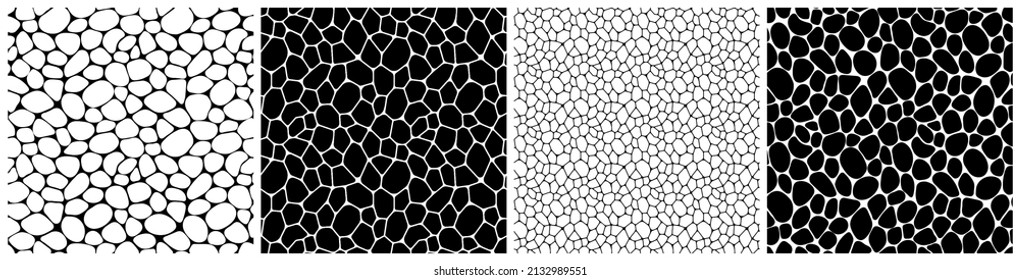 Black and white geometric seamless patterns vector set. Irregular shapes repeated backdrop for web tiles, science and interior designs. line polygonal cells template background collection