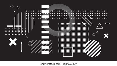 Black And White Geometric Shapes Backdrop. Square Circle Triangle Dots Stripes Pattern Vectors.