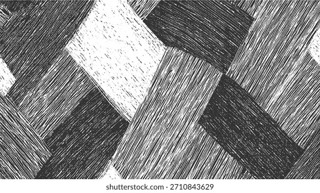 Formas geométricas en blanco y negro con líneas de sombreado diagonales que crean un patrón texturizado.