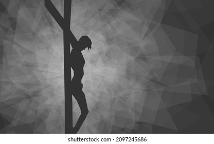 Black and white geometric silhouette image of the Crucifixion of Jesus Christ, with geometric background.