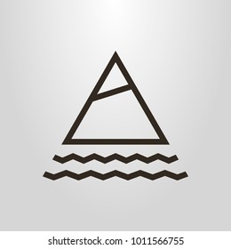 black and white geometric simple vector line art symbol of mountain with snow peak and water waves