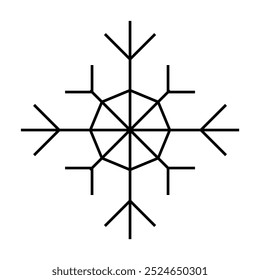 Black and white geometric snowflake with clean lines and hexagonal center. Ideal for winter themes, holiday decor, seasonal greeting cards, digital graphics, and minimalist designs. Simple, clean