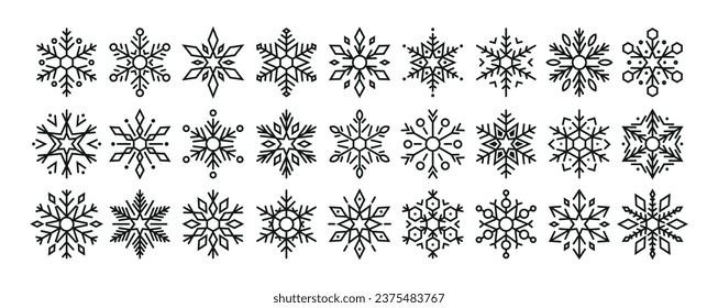 Copos De Nieve Geométricos De Color Negro Y Blanco, Cada Uno Es Marvel Hexagonal Único, Muestra Simetría Y Belleza Vectorial Ilustración