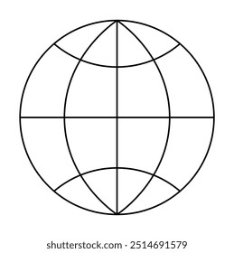 Esfera geométrica preto-e-branco com linhas verticais, horizontais e curvas de interseção. Ideal para geometria, design, tecnologia, educação e diagramas.