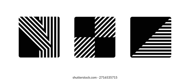 Quadrado geométrico preto e branco e conjunto de vetores abstratos de painéis de listra diagonal.