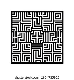 Black and white geometric square maze pattern with symmetrical labyrinthine lines creating a complex abstract design for artistic.