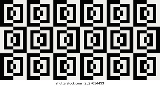 Black and white geometric square pattern wallpaper. Graphical illustration for a unique wall decor, textiles and interior design.