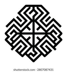 Black and white geometric symbol featuring intricate interlocking lines forming a symmetrical labyrinthine pattern isolated on a white background.