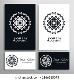 Black and white geometric symbol round pattern. Business card set. Mandala line ornament.  Isolated design element for logo, icon, label, emblem. Tribal ethnic decoration