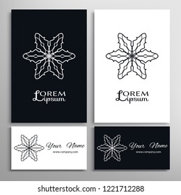 Black and white geometric symbol round pattern. Business card set. Mandala line ornament.  Isolated design element for logo, icon, label, emblem. Tribal ethnic decoration, stylized flower