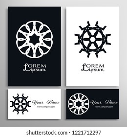 Black and white geometric symbol round pattern. Business card set. Mandala line ornament.  Isolated design element for logo, icon, label, emblem. Tribal ethnic decoration, stylized flower