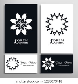 Black and white geometric symbol round pattern. Business card set. Mandala line ornament.  Isolated design element for logo, icon, label, emblem. Tribal ethnic decoration, stylized flower