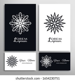 Black and white geometric symbol round pattern. Business card set. Mandala line ornament.  Isolated design element for logo, icon, label, emblem. Tribal ethnic decoration, stylized flower