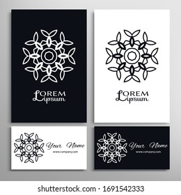 Black and white geometric symbol round pattern. Business card set. Mandala line ornament.  Isolated design element for logo, icon, label, emblem. Tribal ethnic decoration, stylized flower