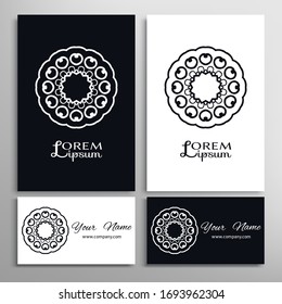 Black and white geometric symbol round pattern. Business card set. Mandala line ornament.  Isolated design element for logo, icon, label, emblem. Tribal ethnic decoration, stylized flower