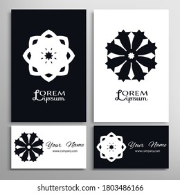 Black and white geometric symbol round pattern. Business card set. Mandala line ornament.  Isolated design element for logo, icon, label, emblem. Tribal ethnic decoration, stylized flower