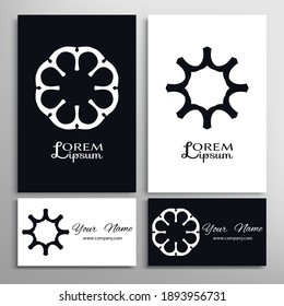 Black and white geometric symbol round pattern. Business card set. Mandala line ornament.  Isolated design element for logo, icon, label, emblem. Tribal ethnic decoration, stylized flower