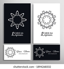 Black and white geometric symbol round pattern. Business card set. Mandala line ornament.  Isolated design element for logo, icon, label, emblem. Tribal ethnic decoration, stylized flower